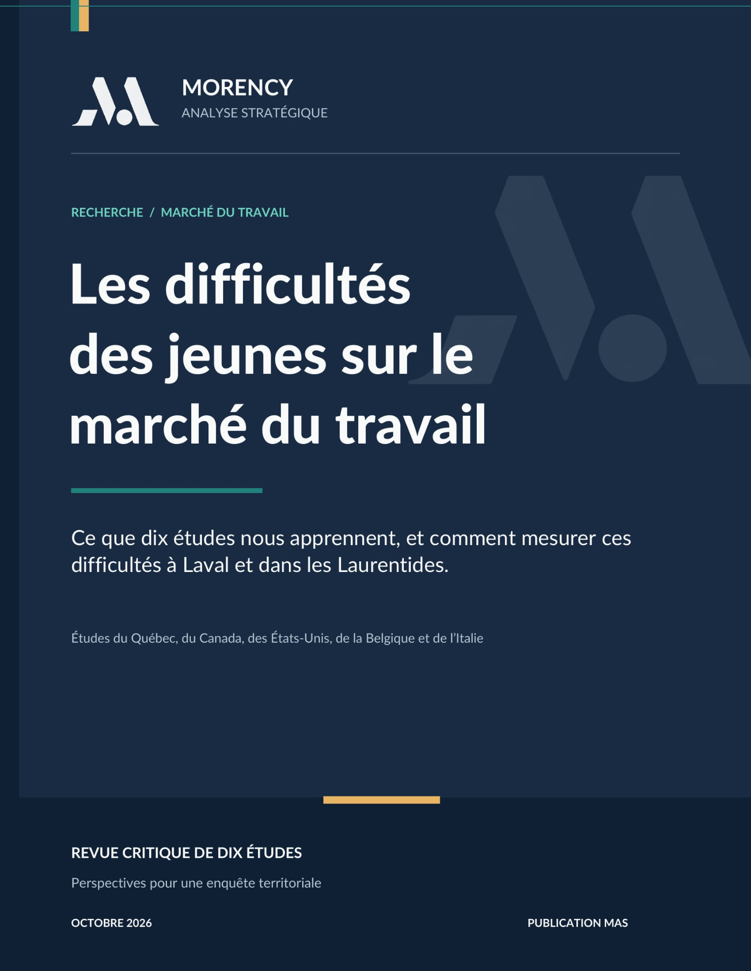 Couverture du rapport Les difficultés des jeunes sur le marché du travail, publié par Morency Analyse Stratégique en octobre 2026.
